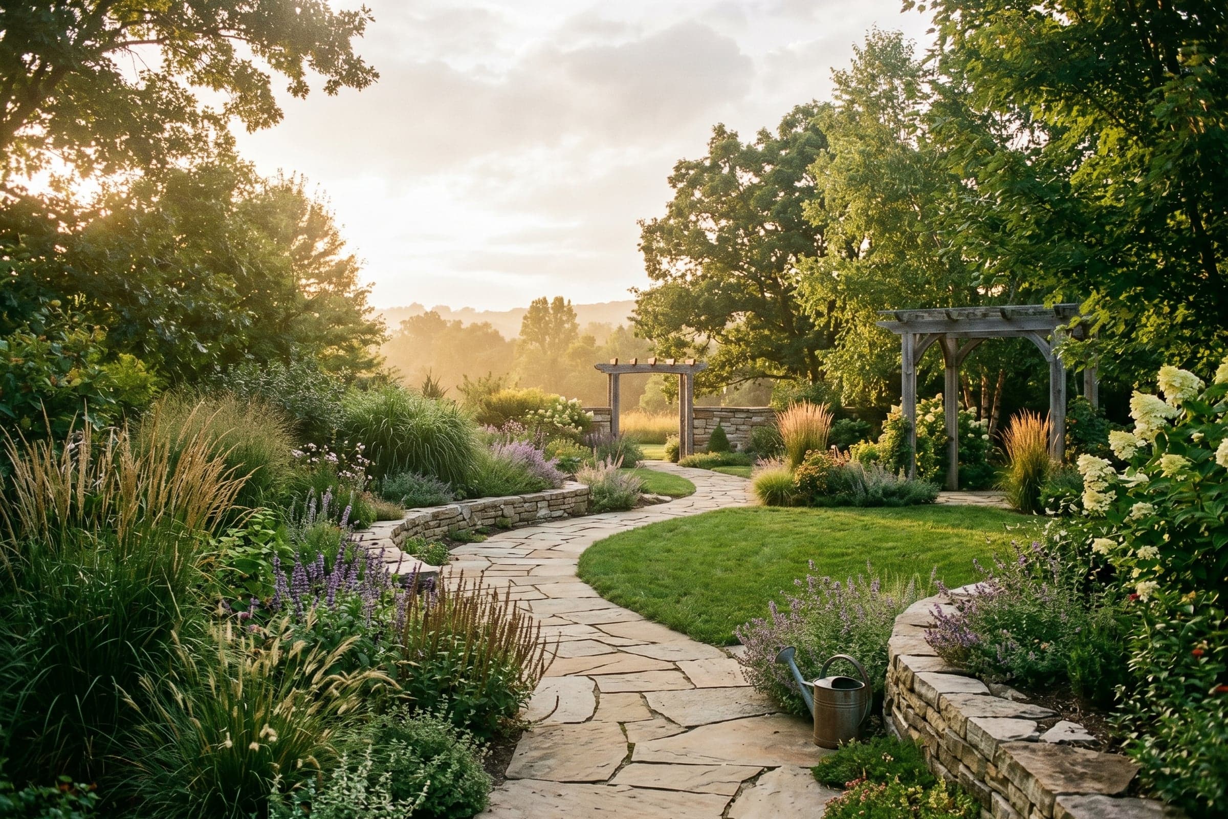 A path winding through a moss-lined garden under filtered morning light
